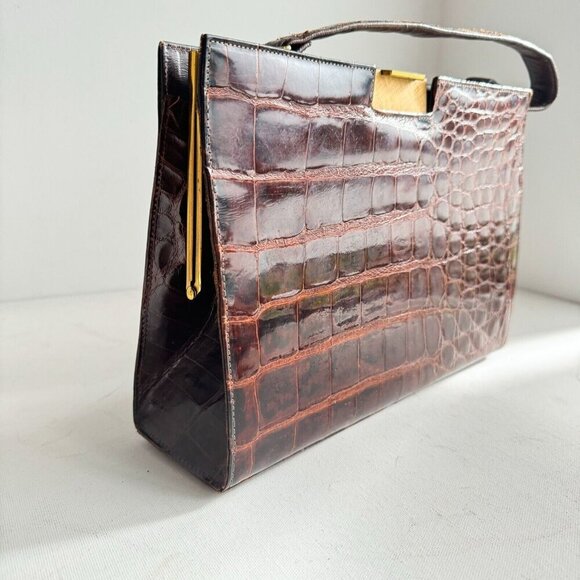 Vintage 50s 60s Crock Skin Brown medium Top Handle Bag - Picture 3 of 16